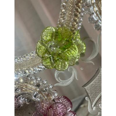  SimoEng Venetian Oval Green and Pink Floreal Hand Carving Mirror in Murano Glass Style