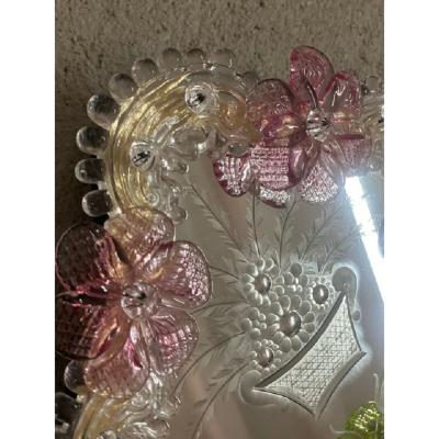  SimoEng Venetian Oval Green and Pink Floreal Hand Carving Mirror in Murano Glass Style