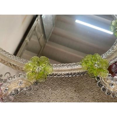  SimoEng Venetian Oval Green and Pink Floreal Hand Carving Mirror in Murano Glass Style