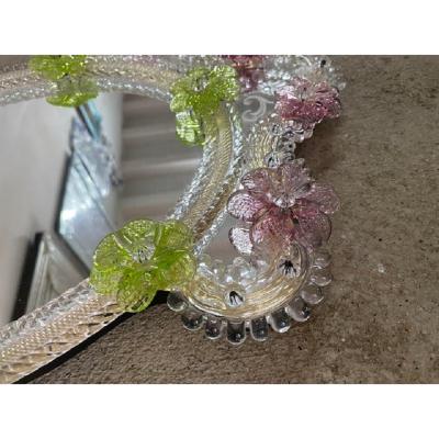 SimoEng Venetian Oval Green and Pink Floreal Hand Carving Mirror in Murano Glass Style