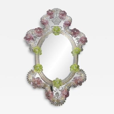  SimoEng Venetian Oval Green and Pink Floreal Hand Carving Mirror in Murano Glass Style