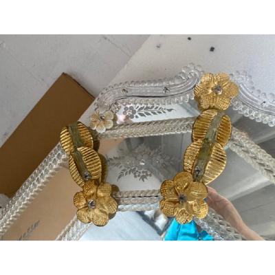  SimoEng Venetian Rectangular Gold Floreal Hand Carving Mirror in Murano Glass Style
