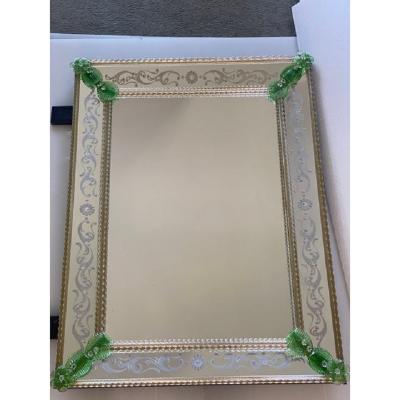  SimoEng Venetian Rectangular Green Floreal Hand Carving Mirror in Murano Glass