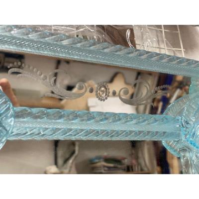 SimoEng Venetian Rectangular Light Blue Floreal Hand Carving Mirror in Murano Glass