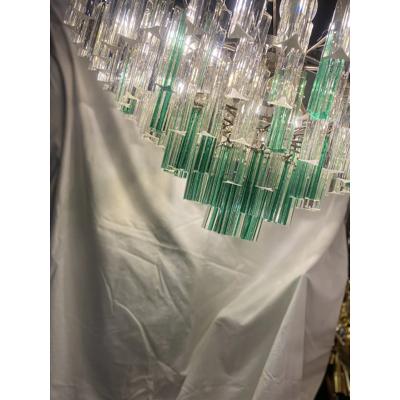  SimoEng Vintage Green Quadriedro and Clear Triedro Murano Style Glass Chandelier