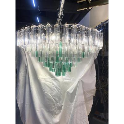  SimoEng Vintage Green Quadriedro and Clear Triedro Murano Style Glass Chandelier