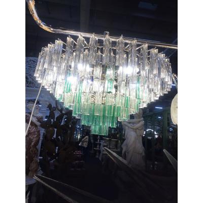  SimoEng Vintage Green Quadriedro and Clear Triedro Murano Style Glass Chandelier