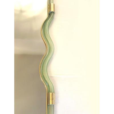  SimoEng Wave Mirror in Green and Gold Torchon Torciglione Murano Style Glass