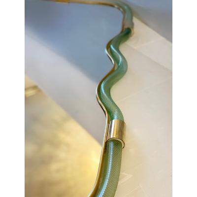  SimoEng Wave Mirror in Green and Gold Torchon Torciglione Murano Style Glass