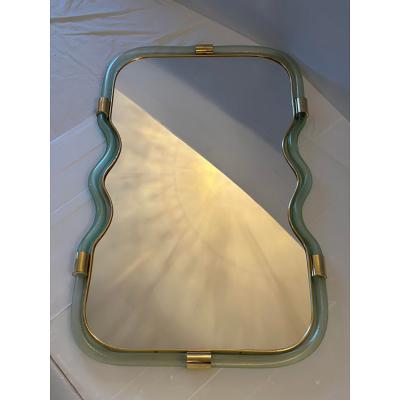  SimoEng Wave Mirror in Green and Gold Torchon Torciglione Murano Style Glass