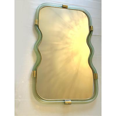  SimoEng Wave Mirror in Green and Gold Torchon Torciglione Murano Style Glass