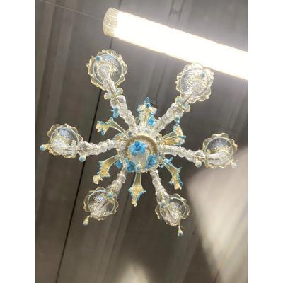  SimoEng ransparent Gold Murano Style Glass Chandelier With Leaves and Turquoise Flowers