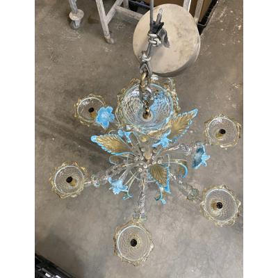  SimoEng ransparent Gold Murano Style Glass Chandelier With Leaves and Turquoise Flowers