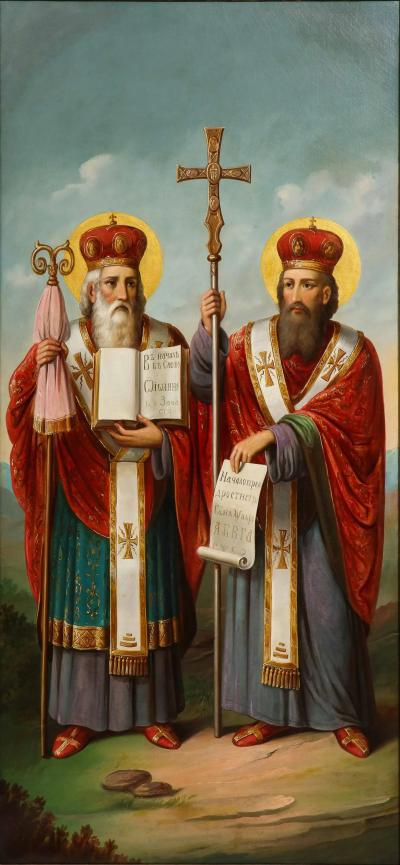  Slavic School 19th Century A Large Oil Painting Saints Cyril and Methodius 