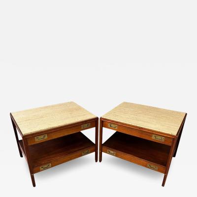  Sligh Furniture Pair of Walnut and Travertine Nightstands with Brass Accents and Rosewood Trim