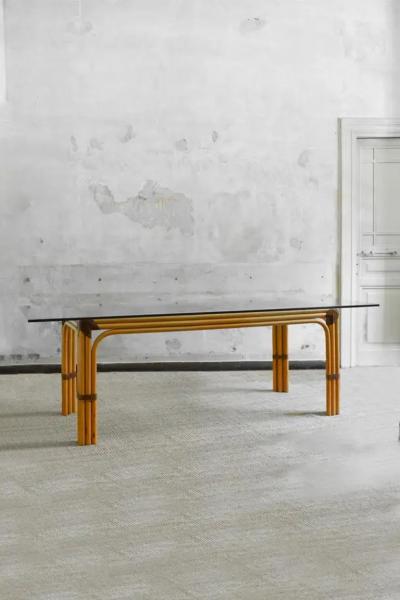  Smania Wicker Table with Leather Bindings and Glass Top Studio Smania
