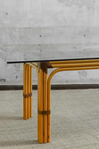  Smania Wicker Table with Leather Bindings and Glass Top Studio Smania