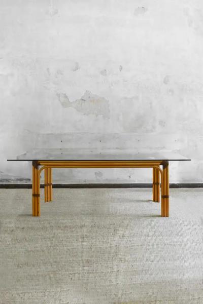 Smania Wicker Table with Leather Bindings and Glass Top Studio Smania