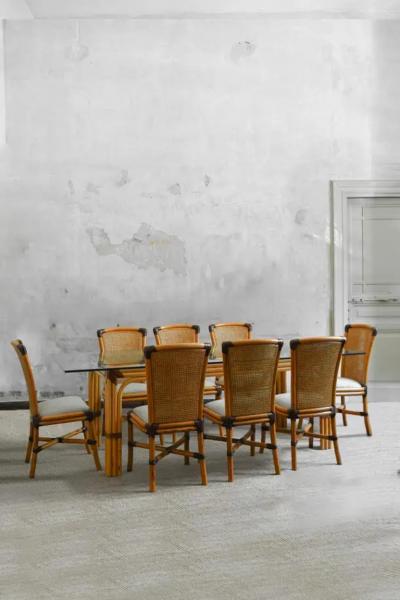  Smania Wicker Table with Leather Bindings and Glass Top Studio Smania