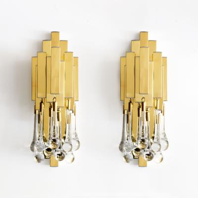  Solaris Pair of French Brass Crystal Sconces by Solaris