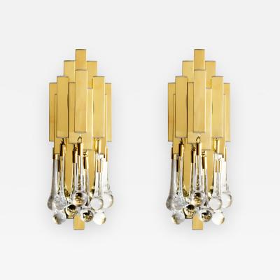  Solaris Pair of French Brass Crystal Sconces by Solaris
