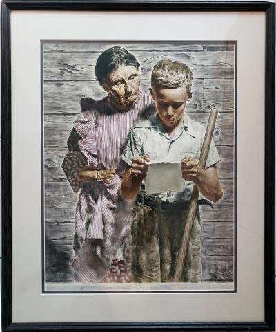  Spencer Douglass Crockwell Grand Mother and Grand Son Read Emotional Letter Norman Rockwell style