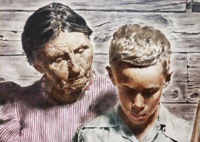  Spencer Douglass Crockwell Grand Mother and Grand Son Read Emotional Letter Norman Rockwell style