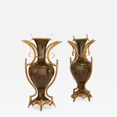  St Louis Glassworks Pair of Lithyalin glass and gilt bronze vases