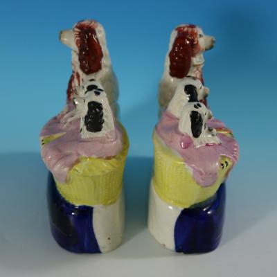  Staffordshire Pair Staffordshire Spaniel and Pups in Wash Baskets
