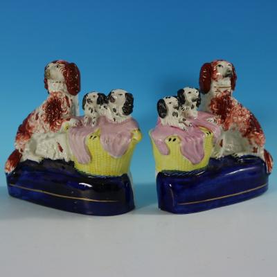  Staffordshire Pair Staffordshire Spaniel and Pups in Wash Baskets