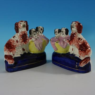  Staffordshire Pair Staffordshire Spaniel and Pups in Wash Baskets