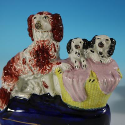  Staffordshire Pair Staffordshire Spaniel and Pups in Wash Baskets