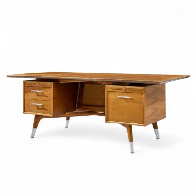  Standard Furniture Standard Furniture Company Mid Century Walnut Brass and Cane Bowtie Desk