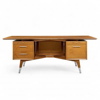  Standard Furniture Standard Furniture Company Mid Century Walnut Brass and Cane Bowtie Desk