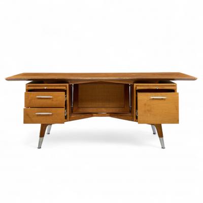  Standard Furniture Standard Furniture Company Mid Century Walnut Brass and Cane Bowtie Desk