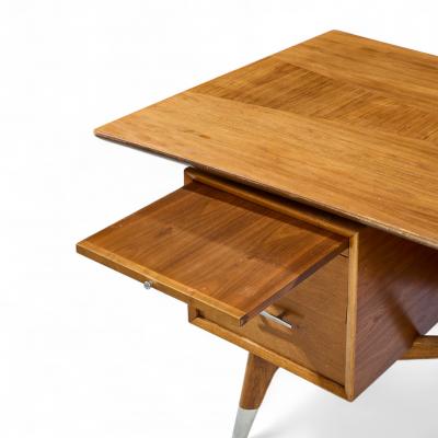  Standard Furniture Standard Furniture Company Mid Century Walnut Brass and Cane Bowtie Desk