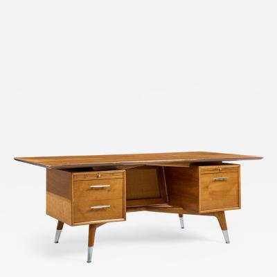  Standard Furniture Standard Furniture Company Mid Century Walnut Brass and Cane Bowtie Desk