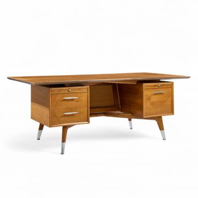  Standard Furniture Standard Furniture Company Mid Century Walnut Brass and Cane Bowtie Desk
