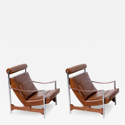  Steiner Mid Century French Modern Sculpted Walnut Leather Lounge Chairs by Steiner