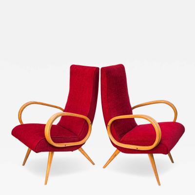  Stella Durera Pair of French 1950s Red upholstered armchairs by Stella Durera