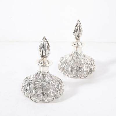 Steuben Glass Pair of Art Nouveau Fine Sterling Overlay Perfume Bottles signed Steuben