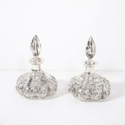  Steuben Glass Pair of Art Nouveau Fine Sterling Overlay Perfume Bottles signed Steuben