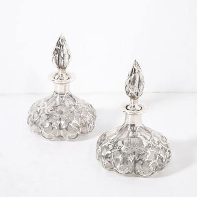  Steuben Glass Pair of Art Nouveau Fine Sterling Overlay Perfume Bottles signed Steuben