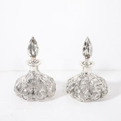  Steuben Glass Pair of Art Nouveau Fine Sterling Overlay Perfume Bottles signed Steuben