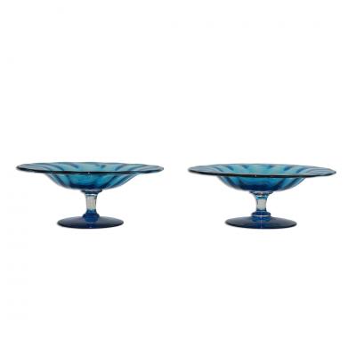  Steuben Glass Set of 2 Steuben Celeste Blue Glass Compotes