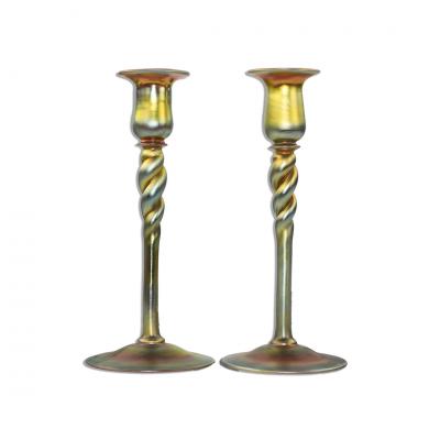  Steuben Glass Set of 2 Steuben Gold Aurene Glass Candlesticks