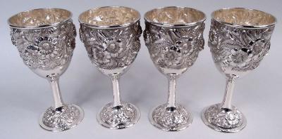 Stieff Set of 4 Stieff Baltimore Repousse Sterling Silver Goblets 1934