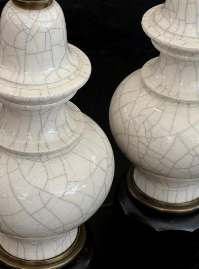  Stiffel Lamp Company Pair 1960s Stiffel Asian Inspired Ivory Crackle glaze Ginger Jar Lamps