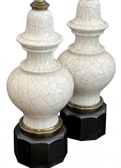  Stiffel Lamp Company Pair 1960s Stiffel Asian Inspired Ivory Crackle glaze Ginger Jar Lamps