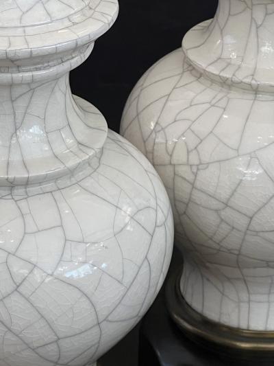 Stiffel Lamp Company Pair 1960s Stiffel Asian Inspired Ivory Crackle glaze Ginger Jar Lamps